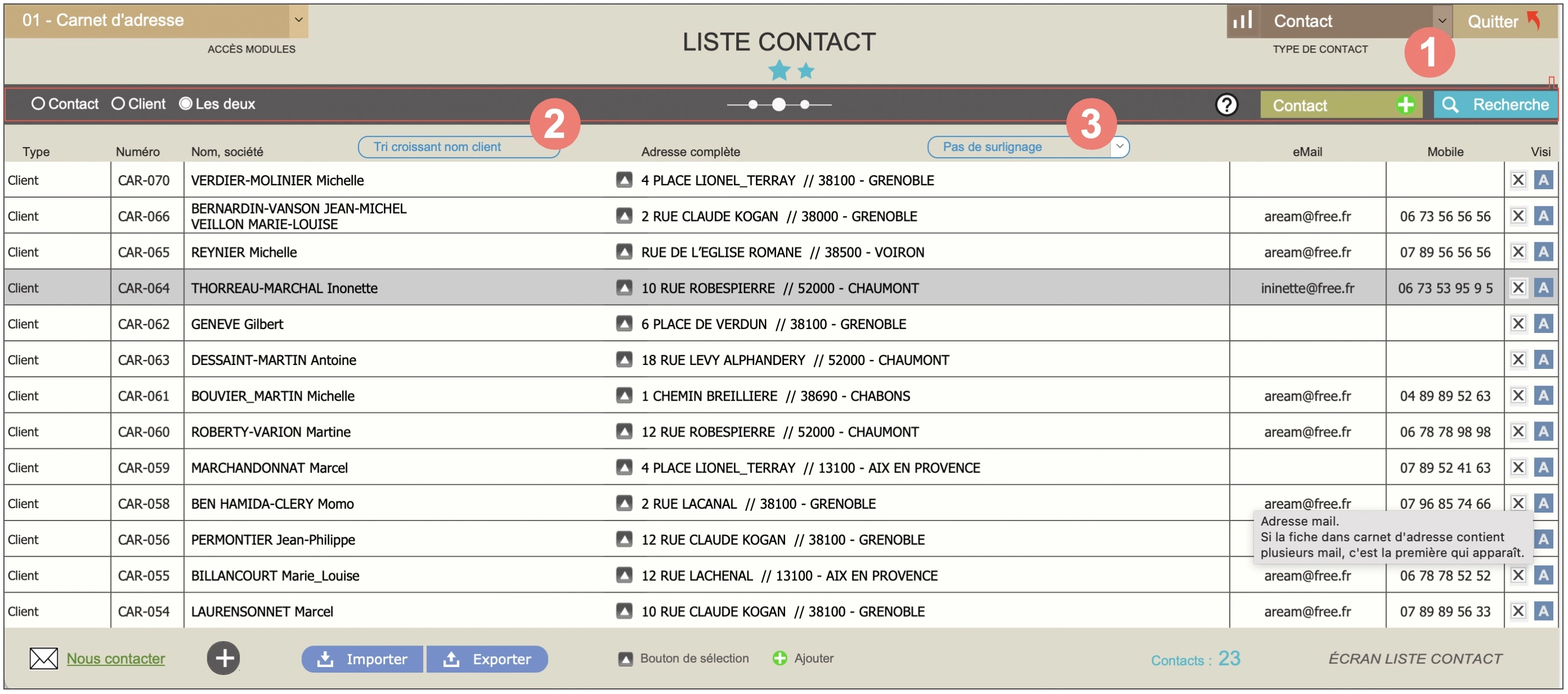 Logiciel devis pro et devis rapides Amiba - Présentation liste des contacts