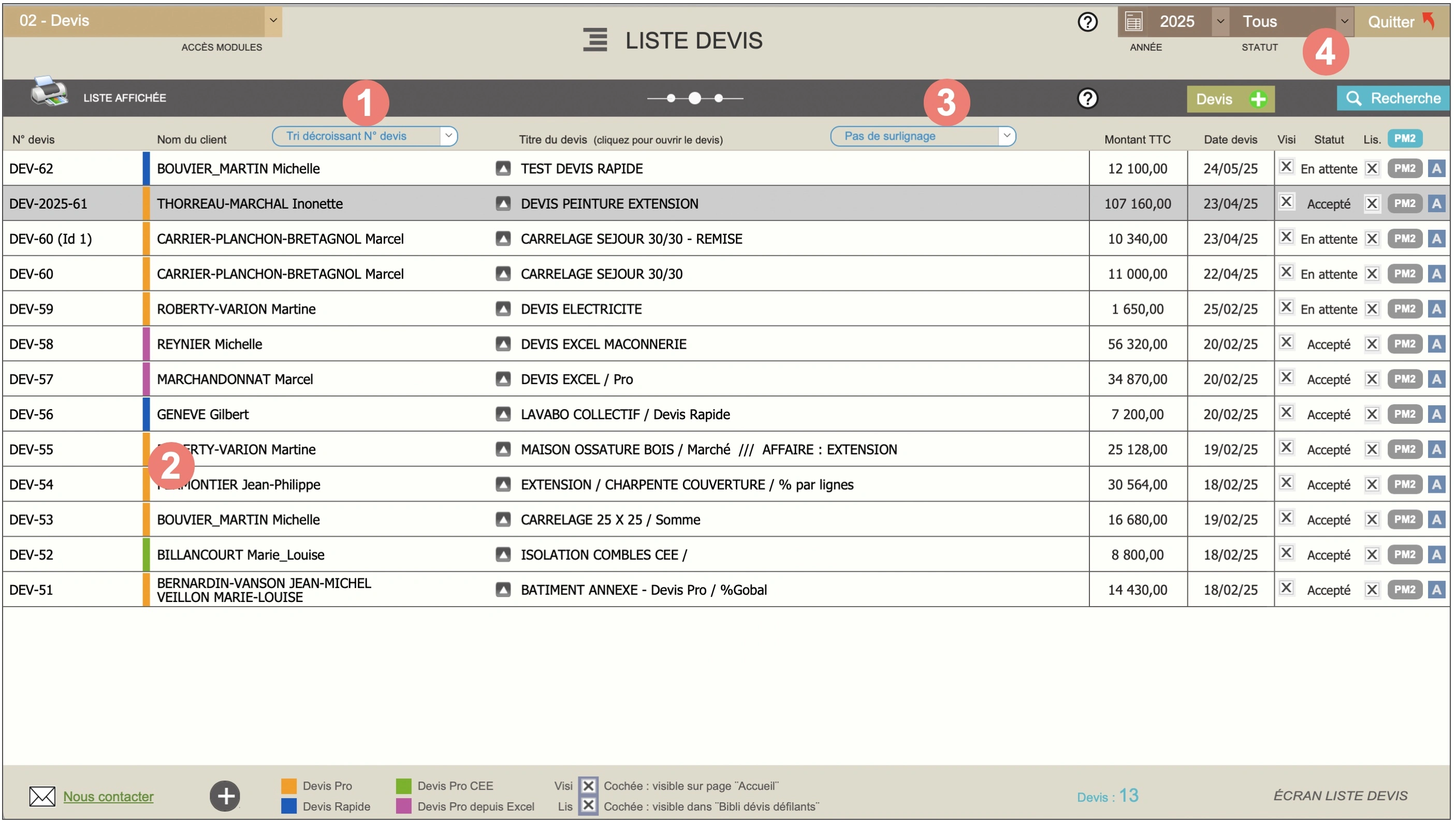 Logiciel devis pro et devis rapides Amiba - Présentation liste des devis