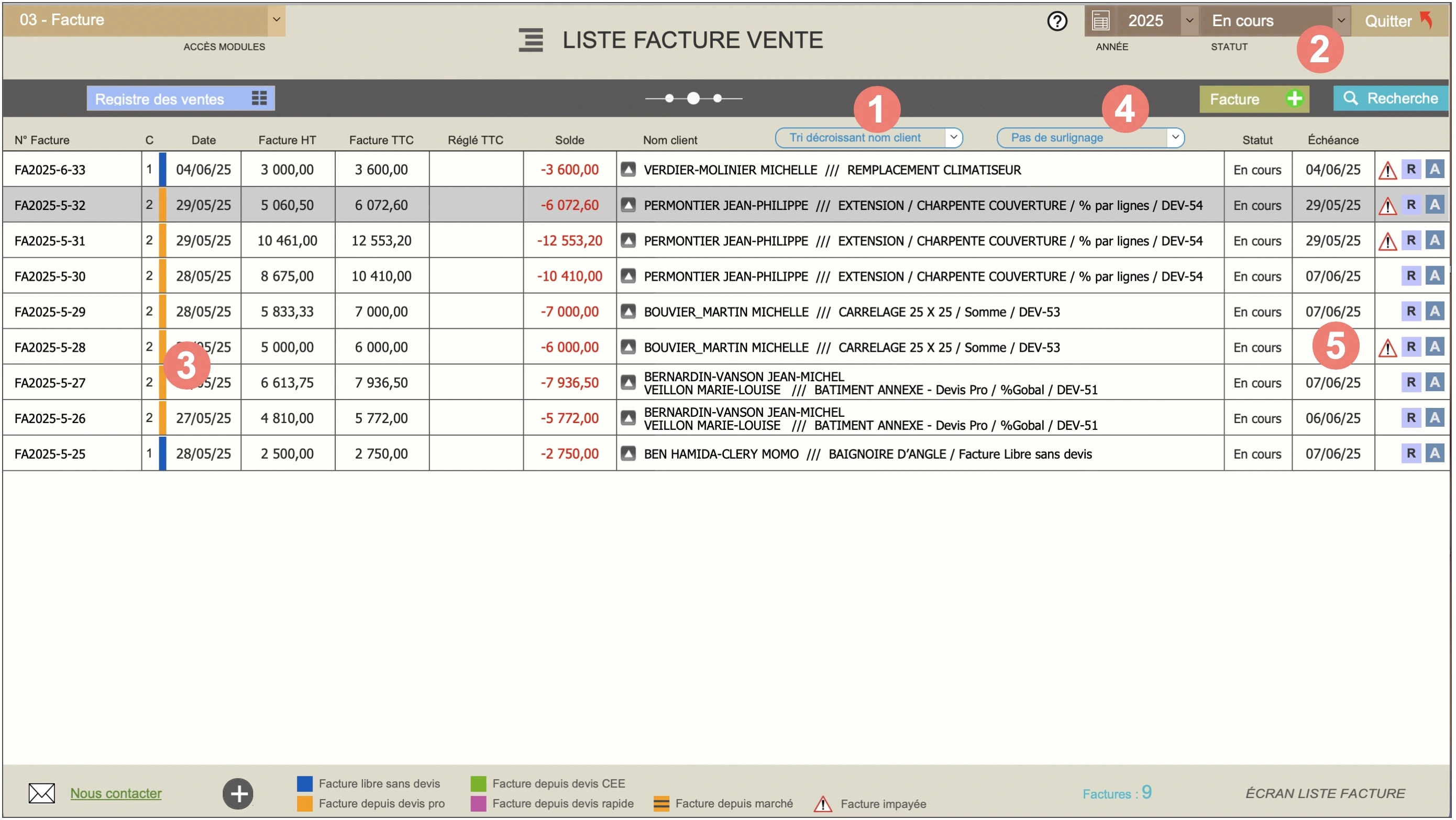 Logiciel devis pro et devis rapides Amiba - Présentation liste des factures