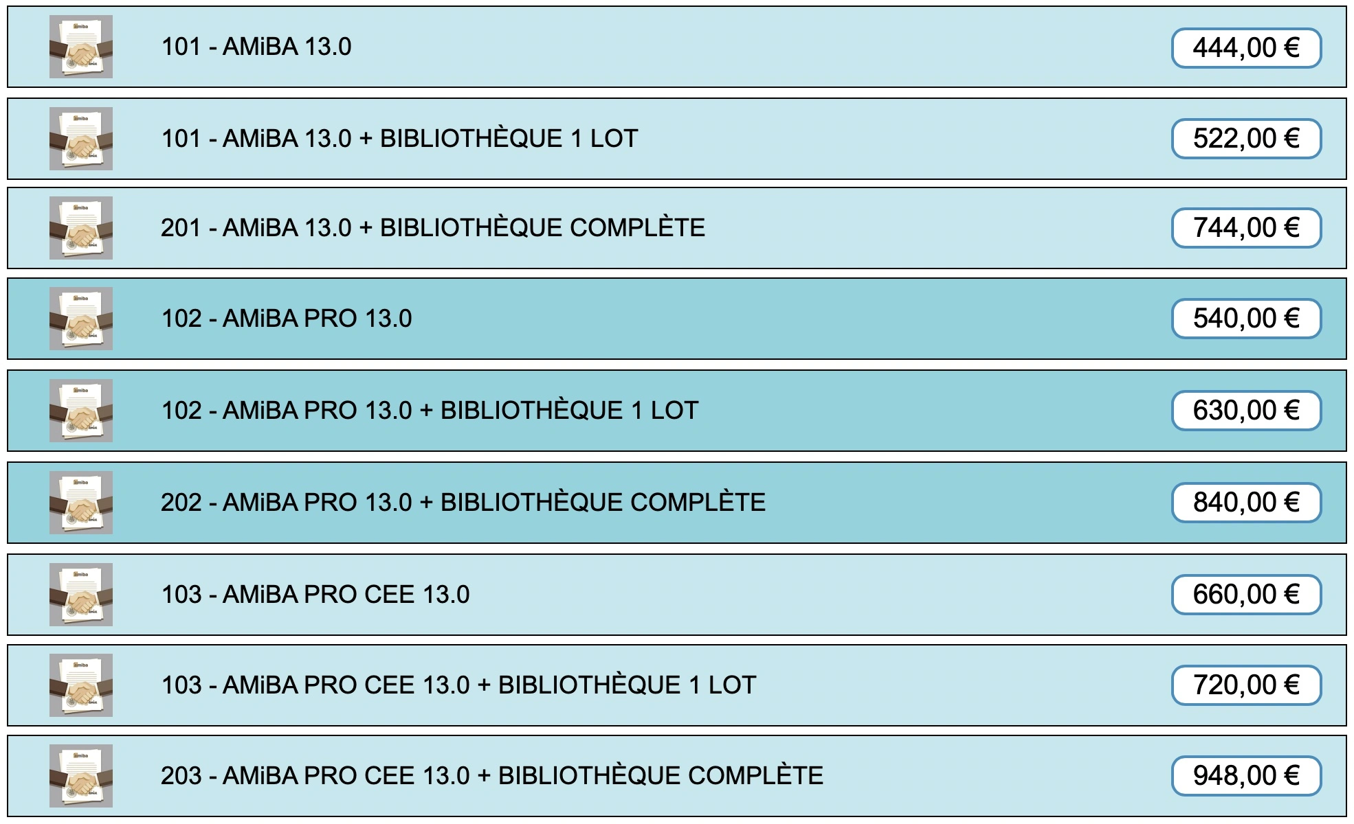 Tableaux des tarifs par version Amiba