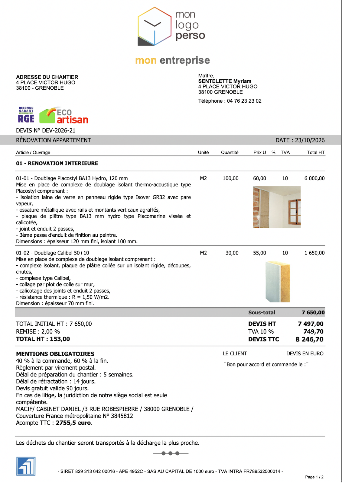 Logiciel devis facture batiment simple AMiba - Présentation en mode ¨Lettre¨