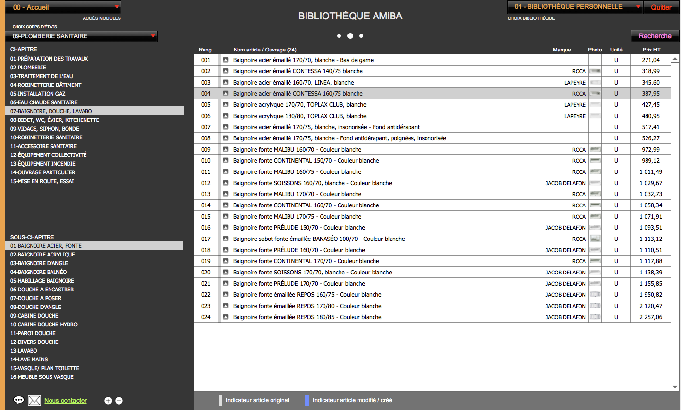 Logiciel devis facture bâtiment Amiba avec bibliotheque d'ouvrages - Liste des articles bibliotheque