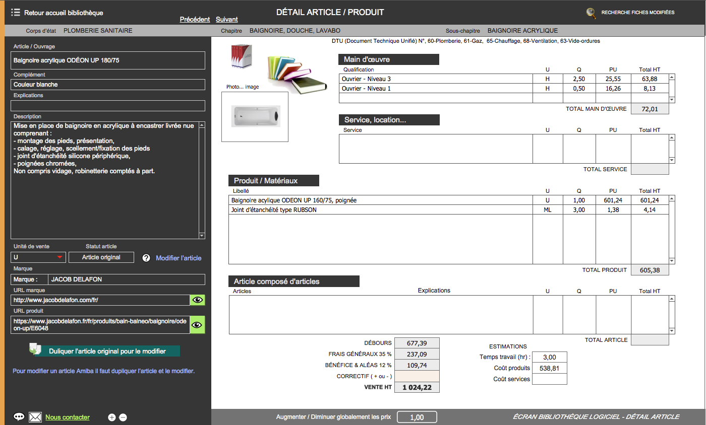 Logiciel devis facture bâtiment Amiba avec bibliotheque d'ouvrages - Detail des articles de la bibli