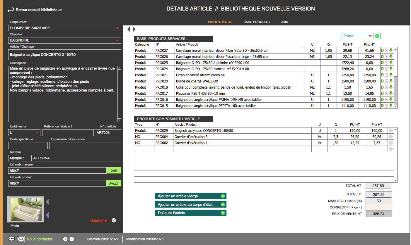 Logiciel devis facture bâtiment Amiba avec bibliotheque d'ouvrages - Bibliothèque perso - liste des articles