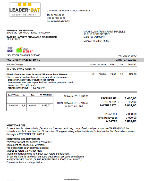 Logiciel Amiba Pro CEE - Devis présentés en mode lettre avec déduction des primes après le TTC