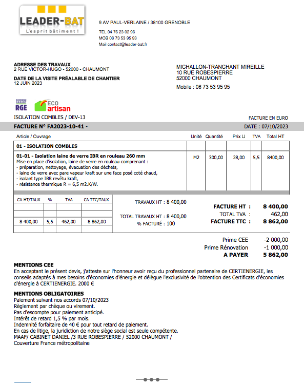 Logiciel Devis Pro CEE Amiba - Exemple facture avec deduction primes apres ttc - présentation tableau