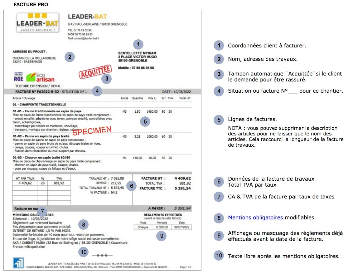 Amiba - Spécimen de devis lettre dans le logiciel devis