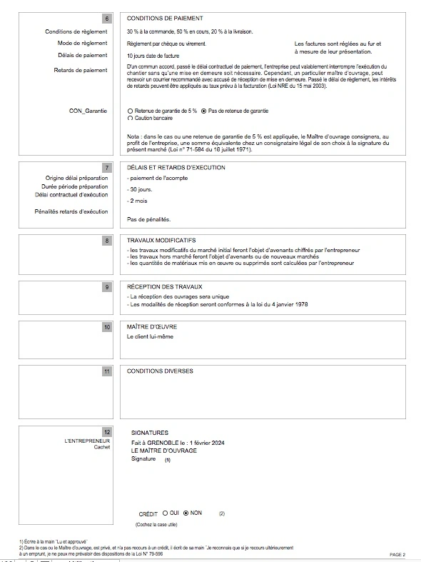 Logiciel devis facture batiment Amiba avec marché de travaux privé - Conditions
