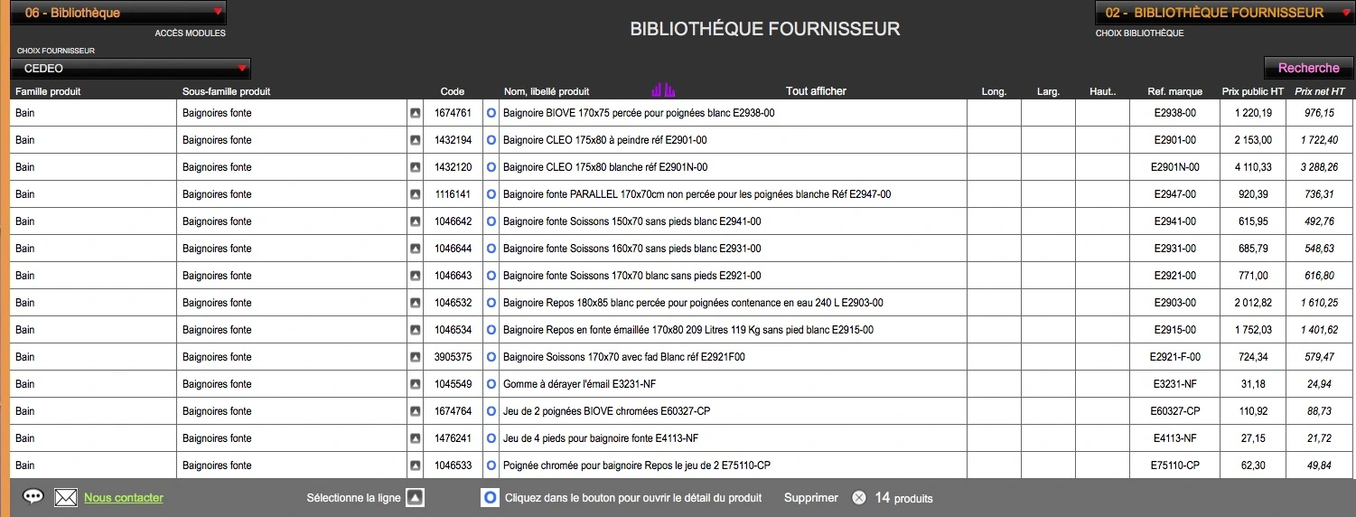 logiciel Amiba avec tableau excel fournisseurs avec familles et sous-familles