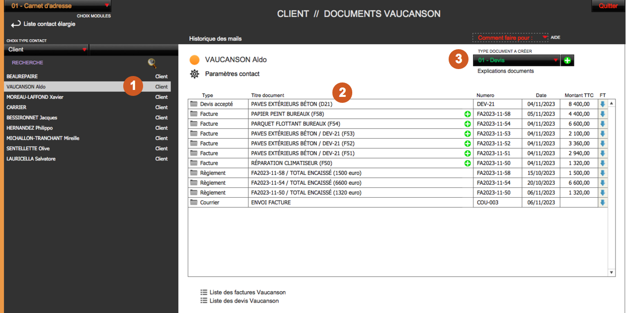 Logiciel devis & factures bâtiment Amiba - Les documents sont listés par contact