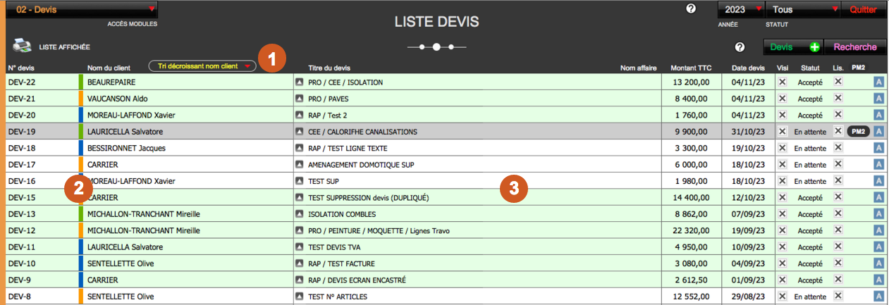 Logiciel devis pro et devis rapides Amiba - Présentation liste des devis