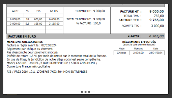 Logiciel de facturation de travaux batiment - Impression avec TVA par taux