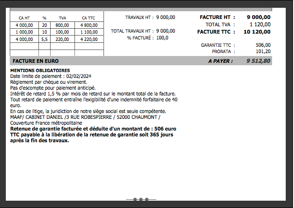 Logiciel de facturation de travaux bâtiment - Impression avec retenue de garantie, compte prorata etc.