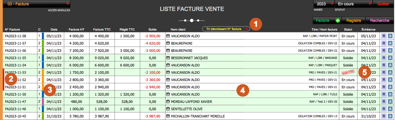 Logiciel devis pro et devis rapides Amiba - Présentation liste des factures