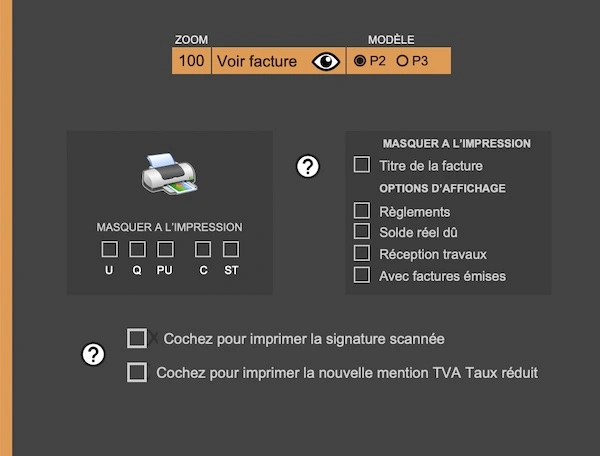 Logiciel devis & facture batiment Amiba - Nomreuses options d'impression et masquage de données