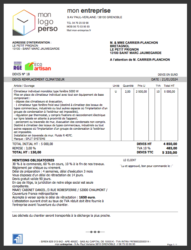 logiciel devis facture amiba - Présentation des devis en mode tableau classique avec photos des produits