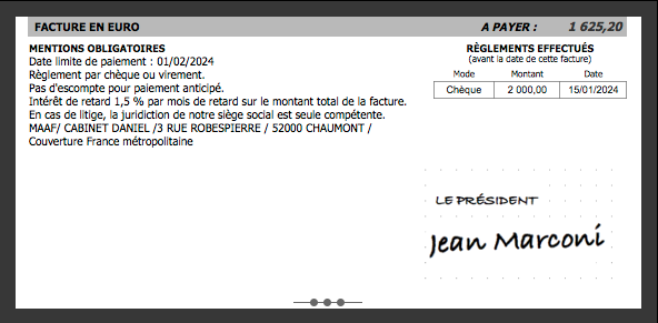 Logiciel de facturation de travaux batiment - Impression avec signature scannée de l'entreprise