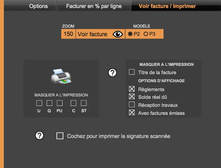 Logiciel devis & facture batiment Amiba - Nomreuses options d'impression et masquage de données